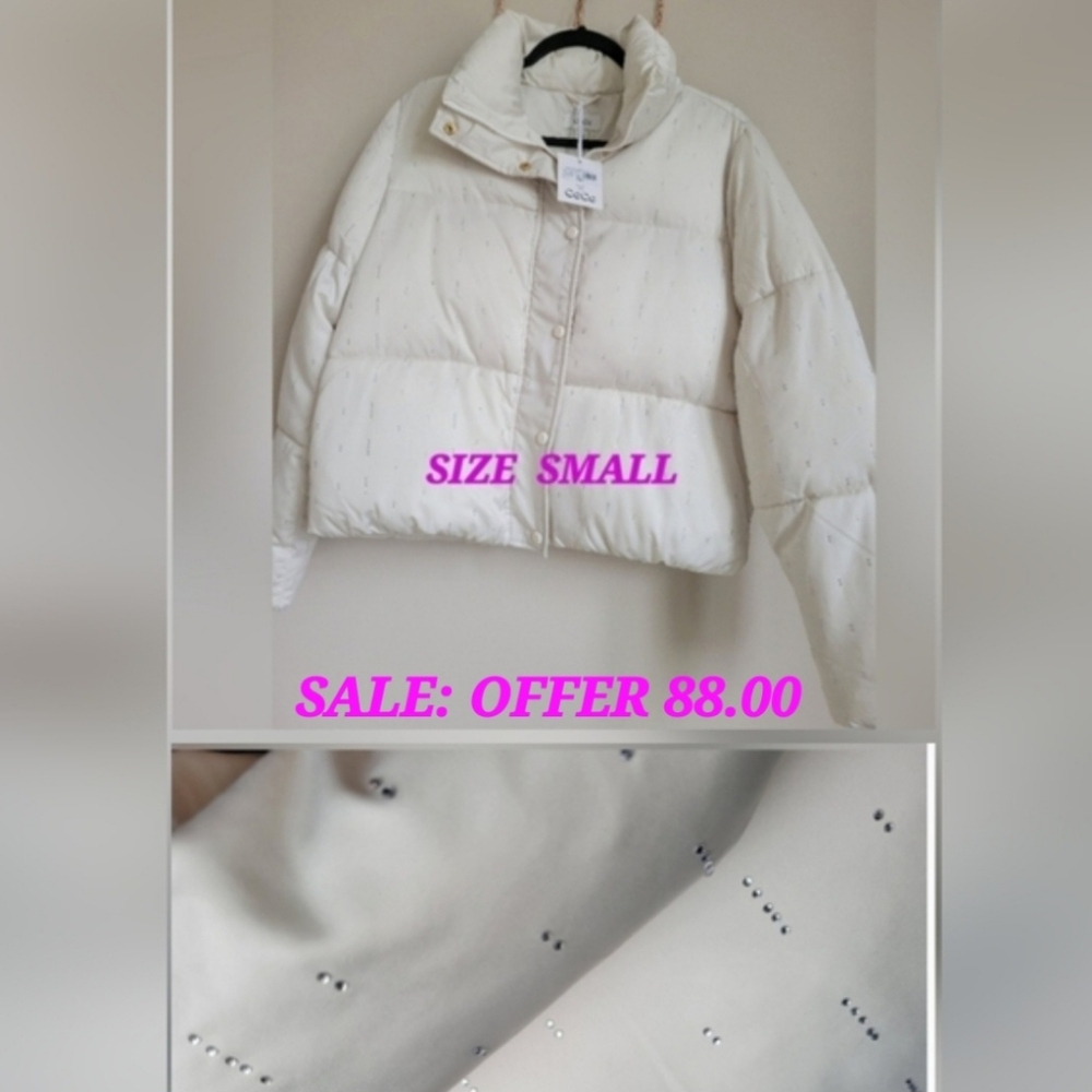 CeCe Ivory Rhinestone Puffer Jacket Size Small